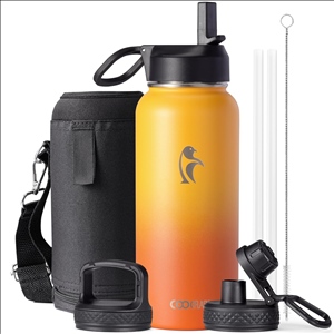 Water Bottle 32oz Insulated with Straw,Coolflask Stainless Steel Metal 3 Lids Water Flask Wide Mouth